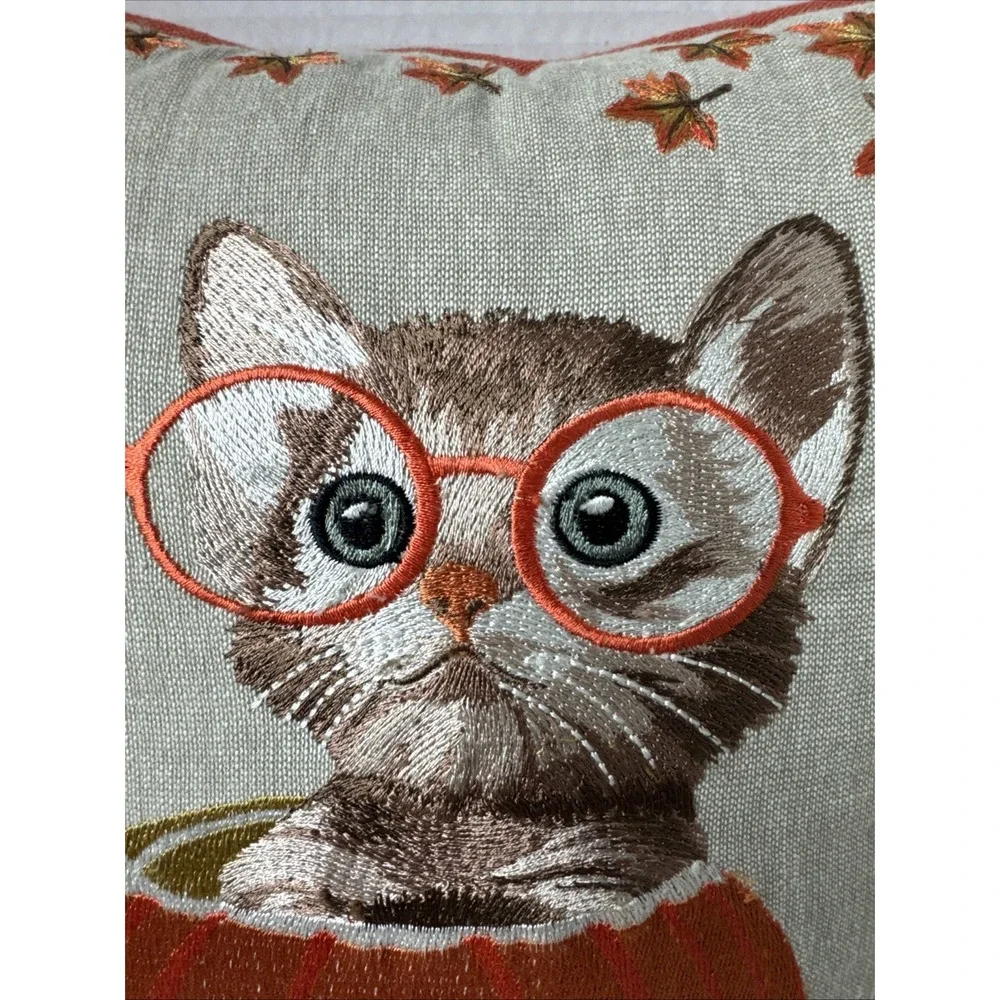 Pier 1 One Pumpkin Kitty Cat w Glasses Pillow Embroidered Leaves Tabby EUC 12